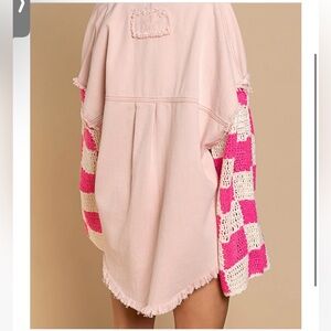 POL Crotchet Pink and White Crochet Sleeve Lightweight Jacket! NWOT!